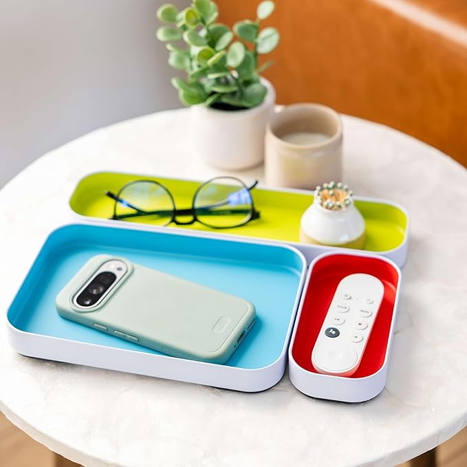 Three by Three Seattle 6 Piece Shallow Metal Organizer Tray Set for Storing Makeup, Stationery, Utensils, and More in Office Desk, Kitchen and Bathroom Drawers (1 Inch, Multicolor)