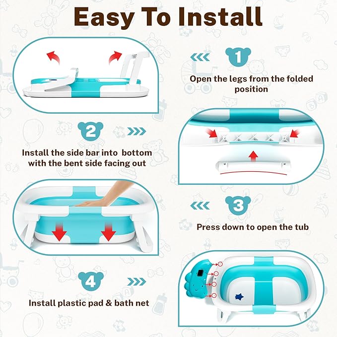 AVIDOR Baby Bathtub,Collapsible Bathtub for Newborn to Toddler,Durable Essential Infant Bath Tub,Portable Travel Baby Tub with Soft Bath Net,No-Slip Feet and Dinosaur Shaped (Light Blue)