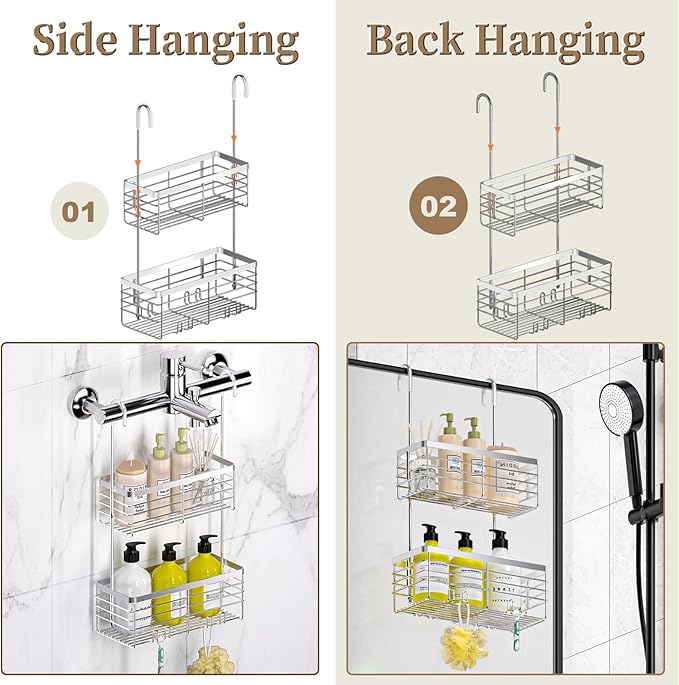 DELLAN Hanging Shower Organizer, 2-Tier Shower Rack with Hooks Over the Door, Bathroom Shower Caddy and Basket