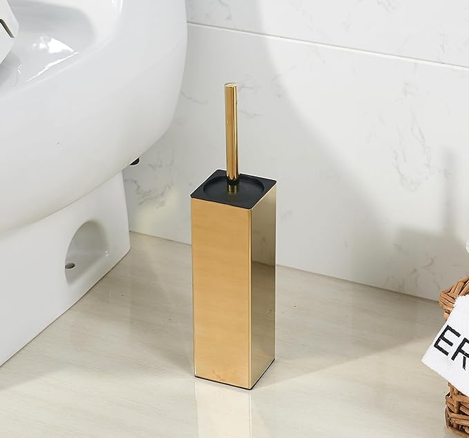 BGL Square Toilet Brush with Holder,Stainless Steel Rubber Painted Toilet Bowl Brush and Holder for Bathroom,2 Cleaner Brush Heads,Gold