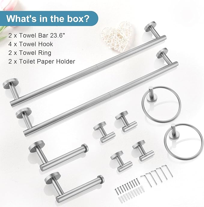 TQKAG Brushed Nickel Bathroom Hardware Accessories Set - 10-Piece Premium SUS304 Stainless Steel Towel Bar Holder Set with 23.6 Inch Round Towel Racks for Wall Mounted Bathroom