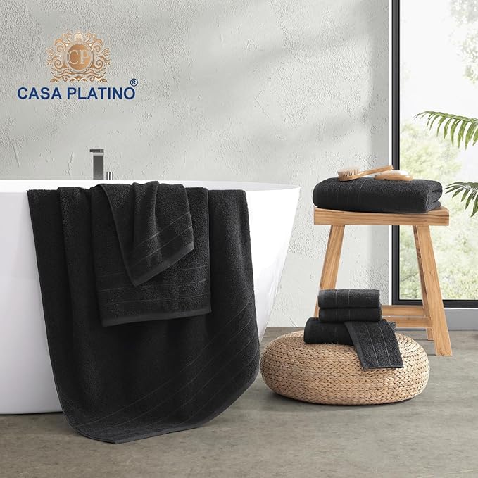 Casa Platino 100% Mercerized Cotton Luxury Bathroom Towels Set - 8 Piece - Ring Spun Technology - 2 Bath, 4 Washcloths, 2 Hand Towels - Remains Soft & Absorbent Even After Multiple Washes - Black