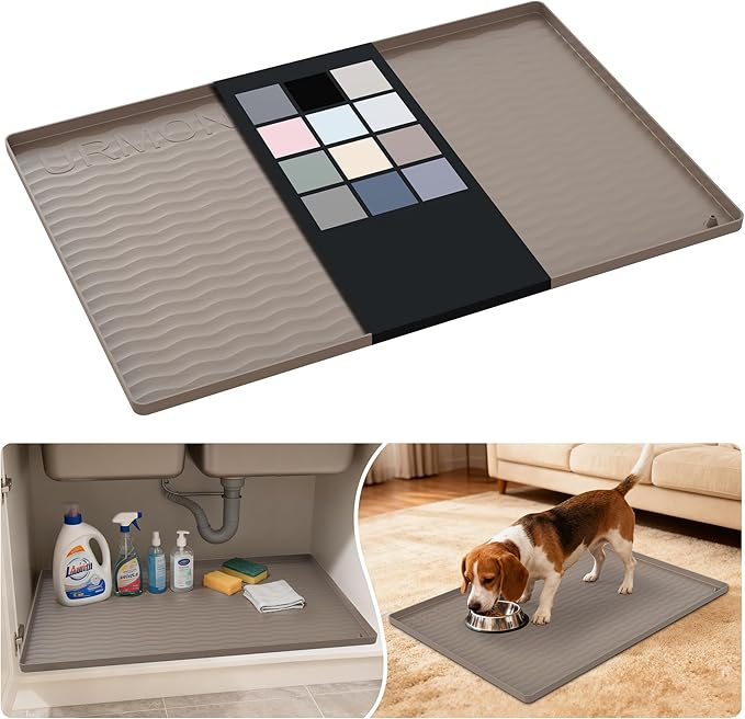 URMONA Waterproof Silicone Under Sink Mat 28'' x 19'' Shelf Liner for Kitchen and Bathroom, Cabinet and Counter Protector, Storage and Organizers, Litter Mat, Pet Cat Puppy Essentials(Beige)