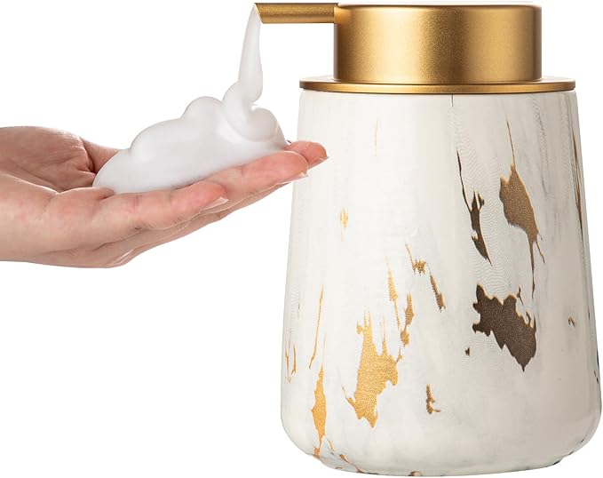 Enra Ceramic Gold Foaming Soap Dispenser,12 oz Marble Foam soap Dispenser Bathroom Refillable Hand Soap Dispenser for Bathroom Kitchen with Easy-to-Press Pump (Glod Foam Type)