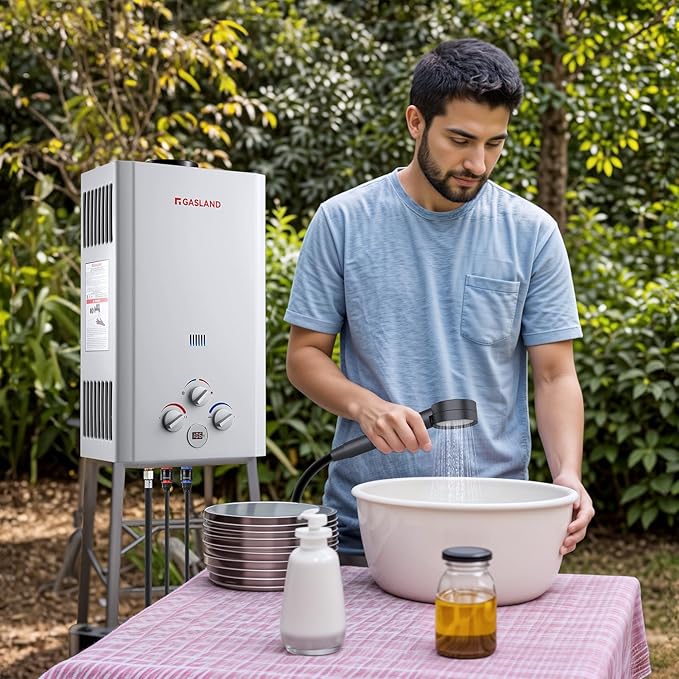 GASLAND 2.64 GPM Propane Tankless Water Heater with Pump & Pipe Strainer for Camping and Off Grid Cabins, 10L Outdoor On Demand Hot Water Heater
