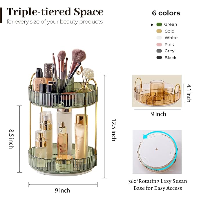 Aveniee Rotating Makeup Organizer for Vanity, Upagraded Perfume Skincare Bathroom Counter Organizers with Brush Divider, 2 Tier Spinning Lipstick Cosmetic Lotion Storage,Green