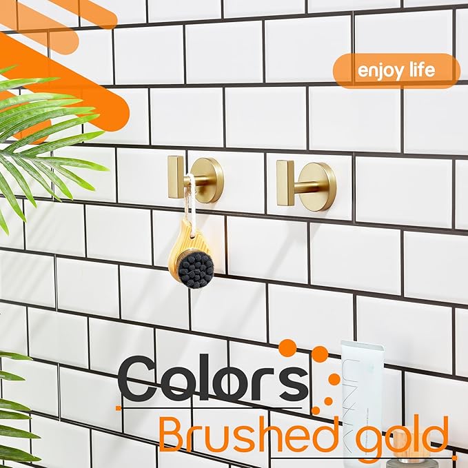 Robe Hook Bath Towel Hooks Stainless Steel Wall Hooks for Bathroom Kitchen Closet Garage Door Hanger Brushed Gold 2 Pack, AN1001GD-P2