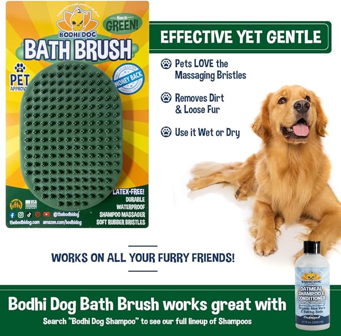 Bodhi Dog Shampoo Brush - Pet Grooming & Bath Supplies for Dogs and Cats - Bath Brush for Long & Short Hair - Premium Scrubber for Shower, Bathing & Massage (One Pack, Dark Green)