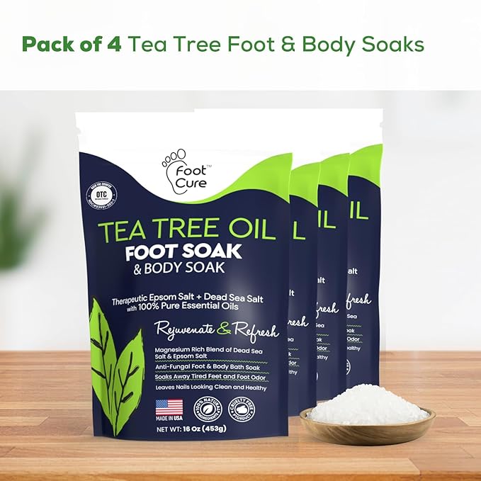 FOOT CURE Tea Tree Oil Foot Soak with Epsom Salts- for Foot Pain, Soreness, Athletes Foot, Odors, Toe Nail Fungus, Fungal, Calluses (Pack of 4)