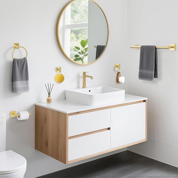 TURS 5-Pieces Brushed Gold Bathroom Hardware Set 23.6 Inch SUS304 Stainless Steel Towel Bar Set Wall Mounted Bathroom Accessories Set
