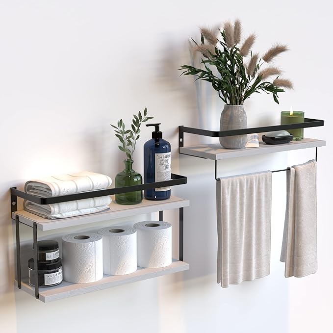 RICHER HOUSE 2+1 Tier Wall Mounted Floating Shelves Set of 2, Rustic Wood Wall Shelf with Metal Frame, Extra Storage Rack for Bathroom, Kitchen, Bedroom with Tissue Rack & Towel Bar - White