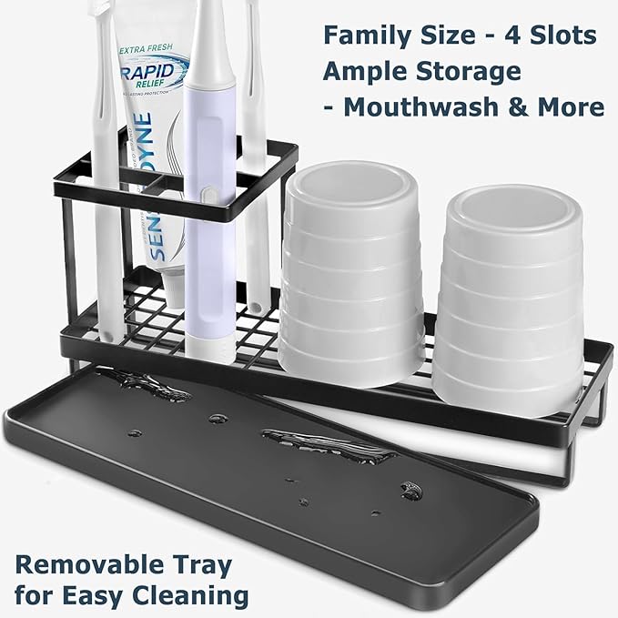 Matani Black Toothbrush Holder for Bathroom Sink, Countertop Organizer with High Toothpaste Holder, Rustproof 304 Stainless Steel, Bathroom Countertop Storage & Essentials (Black Model 2)