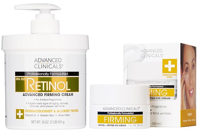 Advanced Clinicals Advanced Firming Retinol Body Lotion + Retinol Eye Cream Face Moisturizer With Peptides Anti Aging 2pc Skincare Set For Women & Men, Fragrance Free, 2pc Set