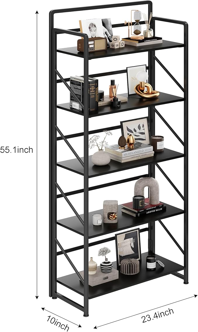 JSB No Assembly Folding Bookshelf, 5 Tier Industrial Metal Book Shelf for Storage, Vintage Wood Foldable Bookcase for Living Room, Bedroom, Office Organization Shelves