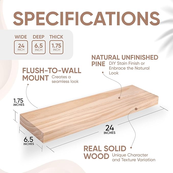 Homeforia 24 inch Wood Floating Shelves, High End Solid Natural Wood 24inch Floating Shelf for Wall, Unfinished Wooden 24 inches Floating Shelves, Heavy Duty Bracket, 24 X 6.5 X 1.75 in, Set of 3