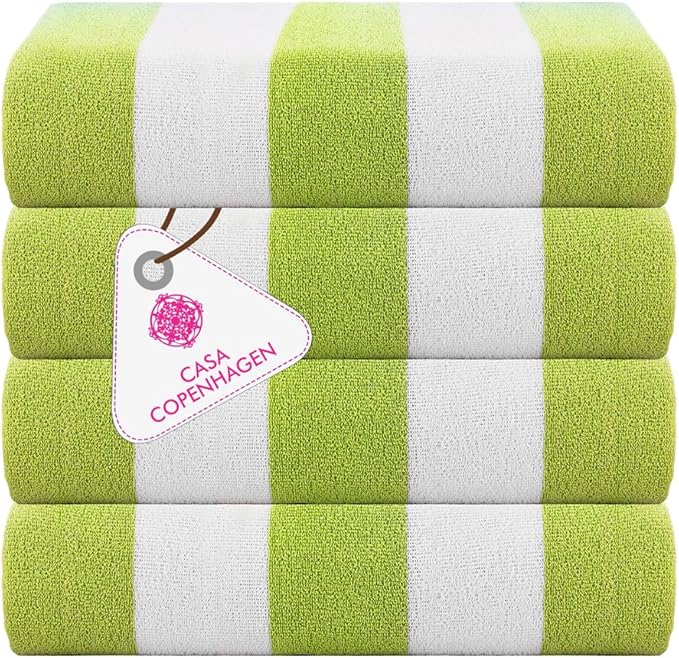 CASA COPENHAGEN Cabana Towel Designed in Denmark Rough and Tough, Quick Dry, Beach, Pool, Bath & Shower 30x60 inches 4 Pieces Cotton Beach Bath Towels Set - Green