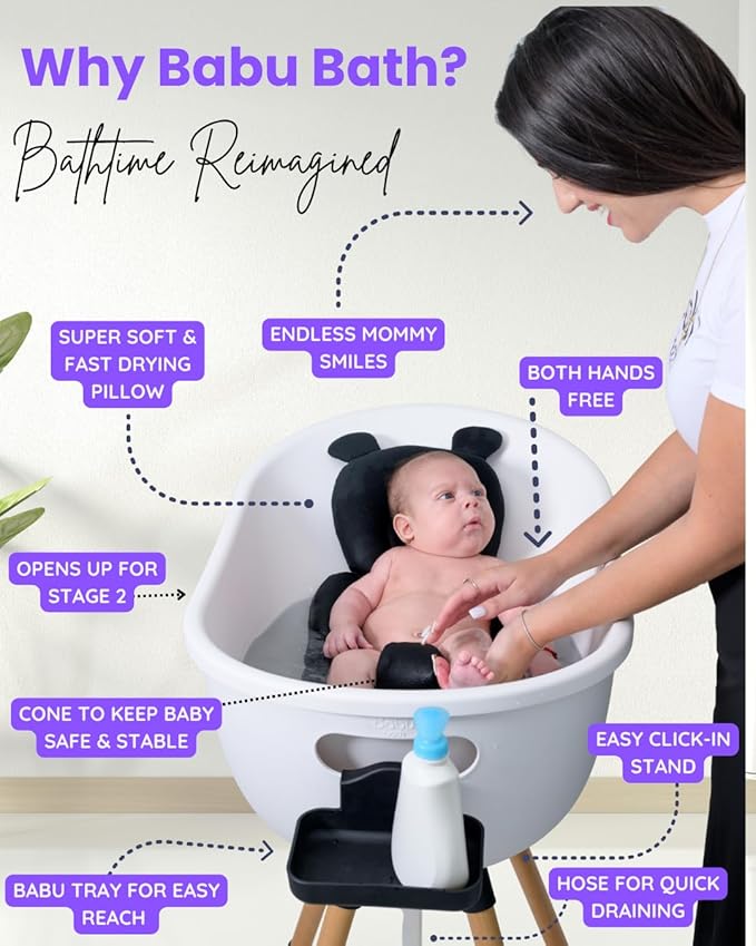 Luxury Baby Bathtub with Wooden Stand – 3-Stage Convertible, Ergonomic & Back-Saving Design (Pink Bundle)