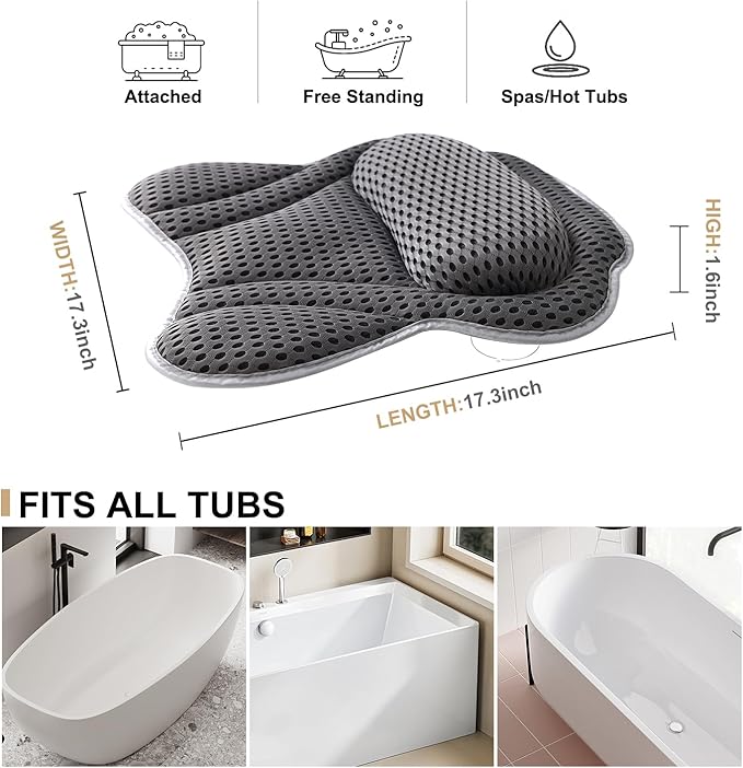 Bath Pillow Bathtub Pillow, 4D Bath Pillows for Tub Neck and Back Support, Luxury Spa Bath Tub Pillow Fit Hot Tub, Bathtub, Relaxing Bath Accessories Spa Gifts for Women Adults