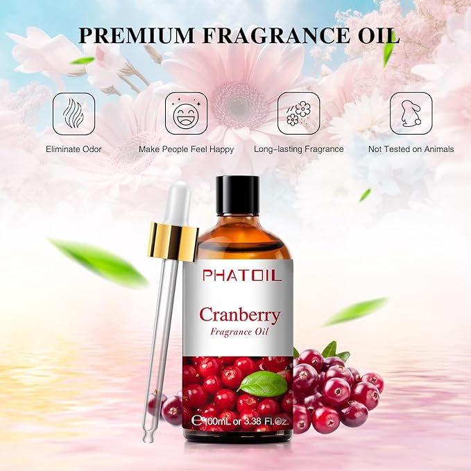 PHATOIL 3.38FL.OZ Cranberry Fragrance Oils for Aromatherapy, Essential Oils for Diffusers for Home, Perfect for Diffuser, Yoga, Skin Care, DIY Candle and Soap Making - 100ml