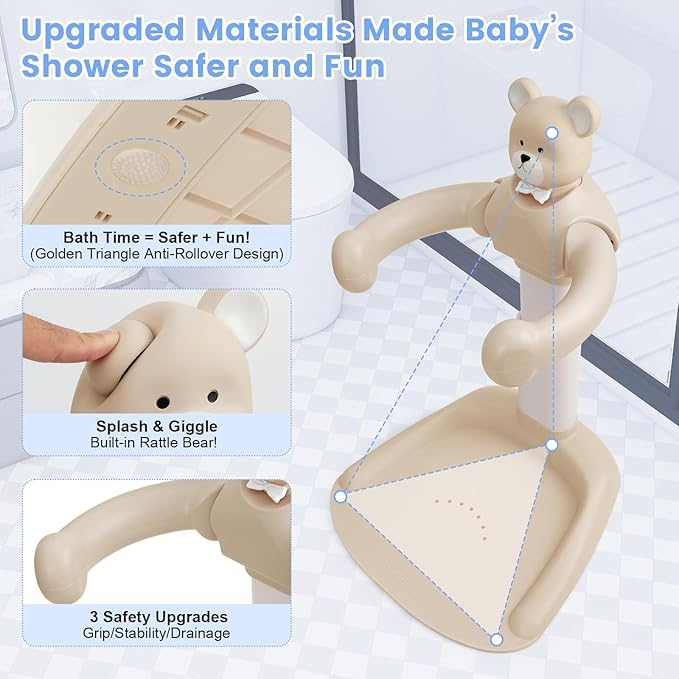 Adjustable Baby Shower Stand with Slip Base,Huggable Bear Bathing Support,Portable Shower Baby Stand,Bath Standing Shower with Toy Little Duck, Baby Bath Seat(Caramel)