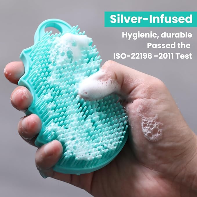 Silicone Body Scrubber Silver-Infused Dual-Sided 3-in-1 for Shower, Body Cleaning+Massage+Exfoliator Body Brush Buffer for Men and Women, Silicone Loofah, Non-Slip Handle (Mint Green)
