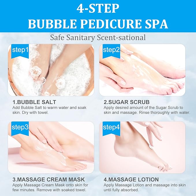 Pedicure Kit Foot Soak Set: Bubble Salt, Sugar Scrub, Massage Mask, Massage Lotion in a Box, 4 Step Foot Spa Kit for Dry Feet, Calluses and Tired Feet(3 Set Pacific Waves)