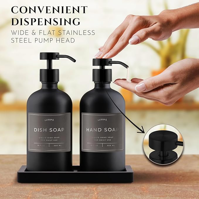 Lotion, Hand & Dish Soap Dispenser for Kitchen Sink - Bathroom Soap Dispenser Set of 2 16.8 Oz Glass Bottles with Stainless Steel Pump, 15 Water Proof Labels & Silicon Tray (Black)