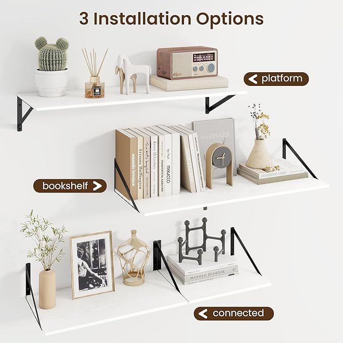 Fun Memories Floating Shelves for Wall, 12 Inch Deep Floating Shelves Set of 2, 16W x 12D Large Wall Shelf with Sturdy Metal Brackets for Living Room, Bathroom, Bedroom and Kitchen, White