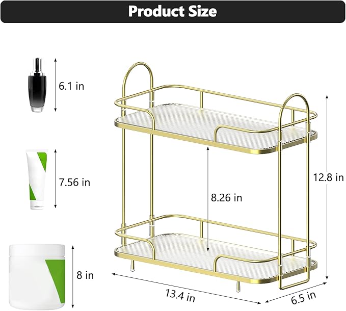 FOLLOWIN 2 Tier Countertop Organizer,Countertop Storage Perfume Tray,Vanity Counter Shelf,Bathroom Organizers and Storage Vanity,2-Tier Coffee Tray,Shine Gold