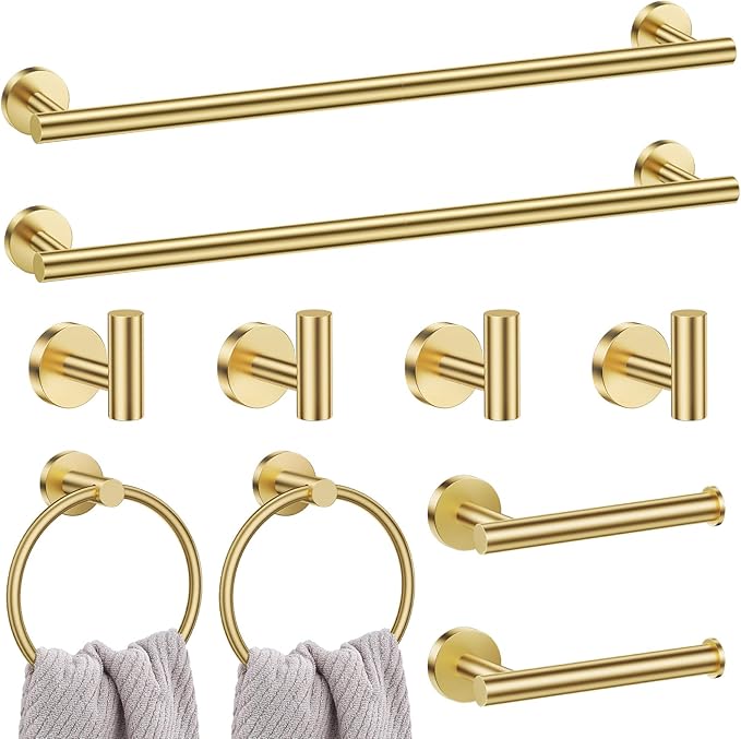 Lairuier Brushed Gold Bathroom Hardware Set, 10-Piece Towel Bar Set SUS304 Stainless Steel Bathroom Hardware Accessories Set Round Towel Holder Set Wall Mounted