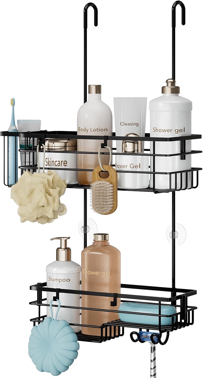 HapiRm Hanging Shower Caddy Organizer - No Drilling Shower Shelves with Hooks and Toothbrush Holder, Rustproof 304 Stainless Steel Bathroom Organizer - Black