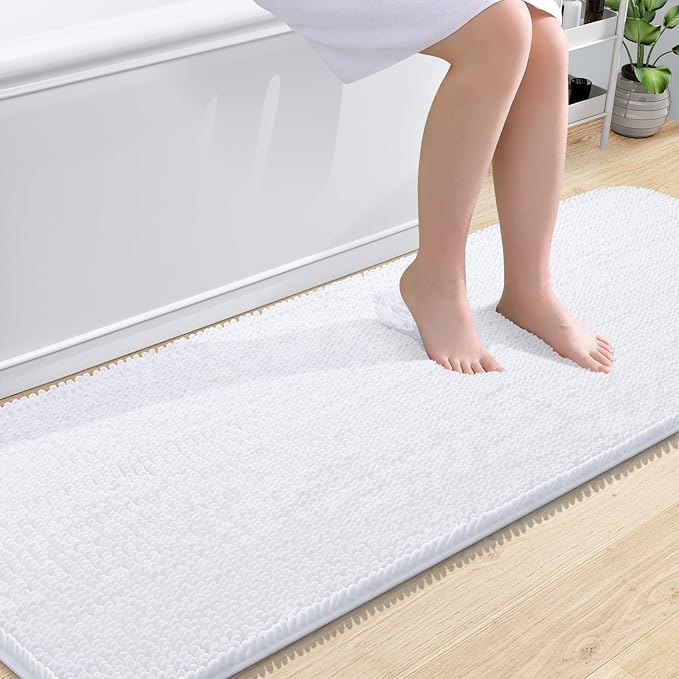 OLANLY Bathroom Rugs 70x24, Extra Soft Absorbent Chenille Bath Rugs, Rubber Backing Quick Dry, Machine Washable Bath Mats for Bathroom Floor, Tub and Shower, Home Decor Accessories, White