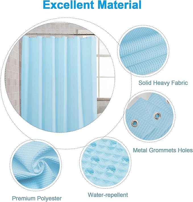 AmazerBath Baby Blue Shower Curtain Fabric, Waffle Shower Curtain Polyester, Heavy Duty 240GSM, Hotel Quality Bathroom Shower Curtains, 72 x 72 Inches