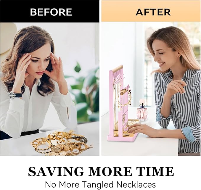 DreamGenius Jewelry Organizer Stand with Velvet Ring Holder, 4 Tier Jewelry Holder Organizer with 15 Hooks for Necklaces and 16 Holes for Earrings, Pink