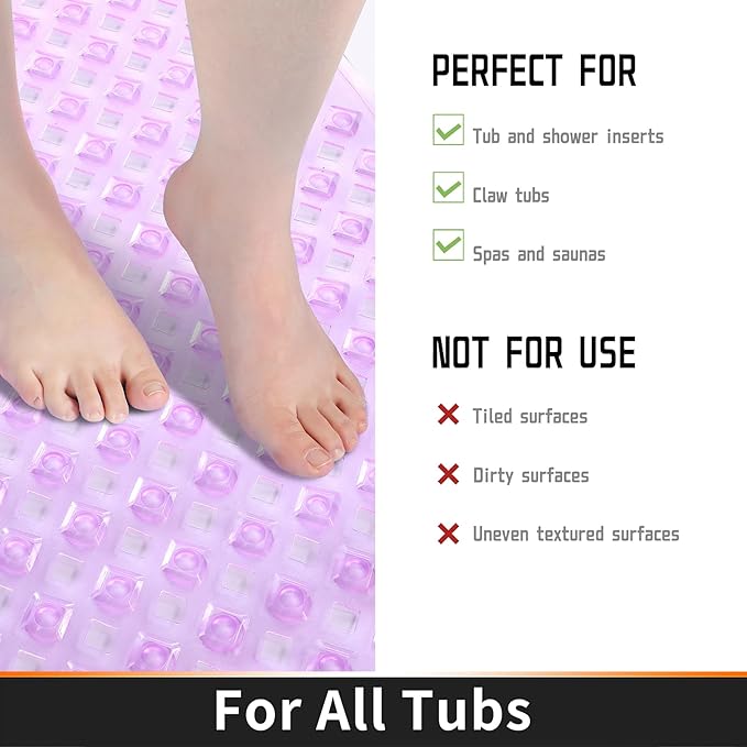 Yimobra Bathtub Mat Non Slip, Super Strong Suction Cups, 27.5"x15.5" Long Shower Mat with Drain Holes, Machine Washable Fast Draining Bath Mats, Bathroom Essentials,Clear Purple