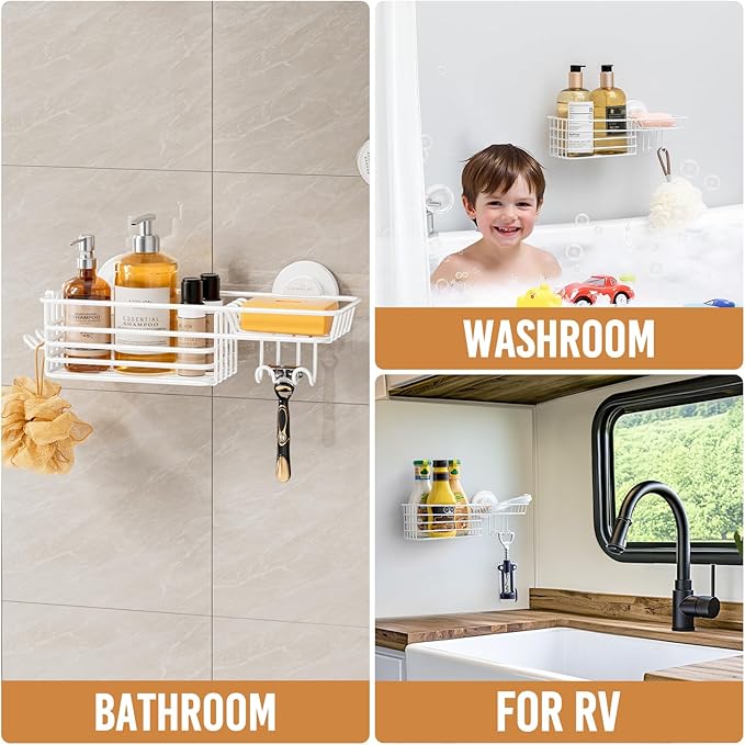 LEVERLOC Shower Caddy Suction Cup, Heavy Duty Bathroom Organizer for Inside Shower with Hooks & Soap holder, NO-Drilling Bathroom Holder-White