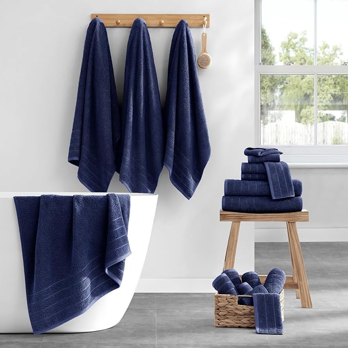 Casa Platino 100% Cotton Luxury Bath Towel Set - 18 Pieces - Ring Spun, Super Soft & Highly Absorbent - 6 Bath, 6 Washcloths, 6 Hand Towels for Bathroom - Holds Well After Multiple Washes - Navy Blue