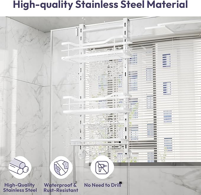 SWTYMIKI Over the Door Shower Caddy - 3 Tier Adjustable Shower Organizer Hanging with Soap Holder, No Drilling Stainless Steel Bathroom Hanging Caddy for Body Wash, Shampoo, Soap, Razor, White