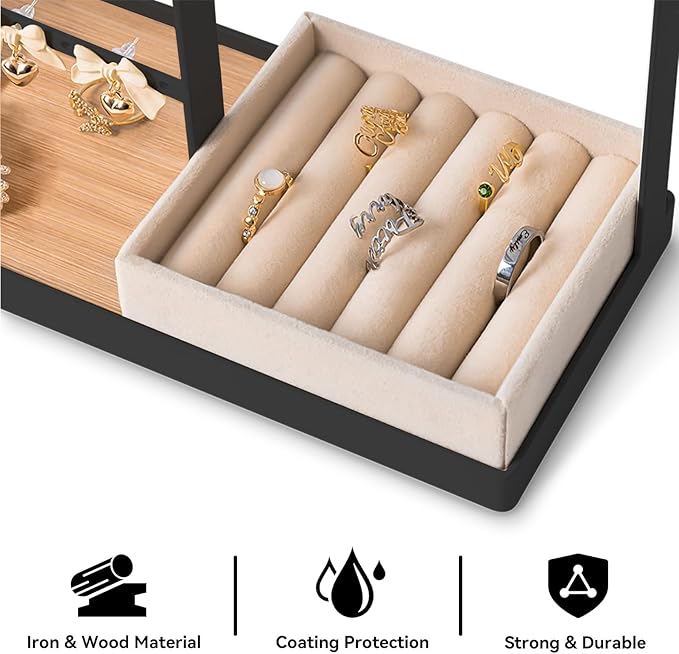 DreamGenius Jewelry Organizer Stand with Velvet Ring Holder, 4 Tier Jewelry Holder Organizer with 15 Hooks for Necklaces and 16 Holes for Earrings, Black