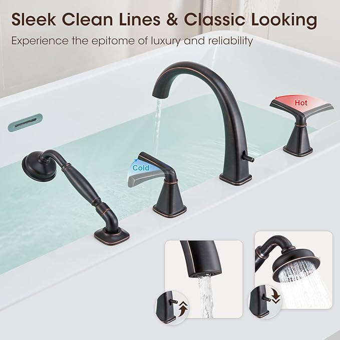 New Roman Tub Faucet with Sprayer, Bathtub Faucet Set Deck Mount, Brass 4 Hole Bath Tub Faucet Set High Flow, with 2 Handle with Valve Diverter with Hoses, 18-24in Widespread Classic Oil Rubbed Bronze