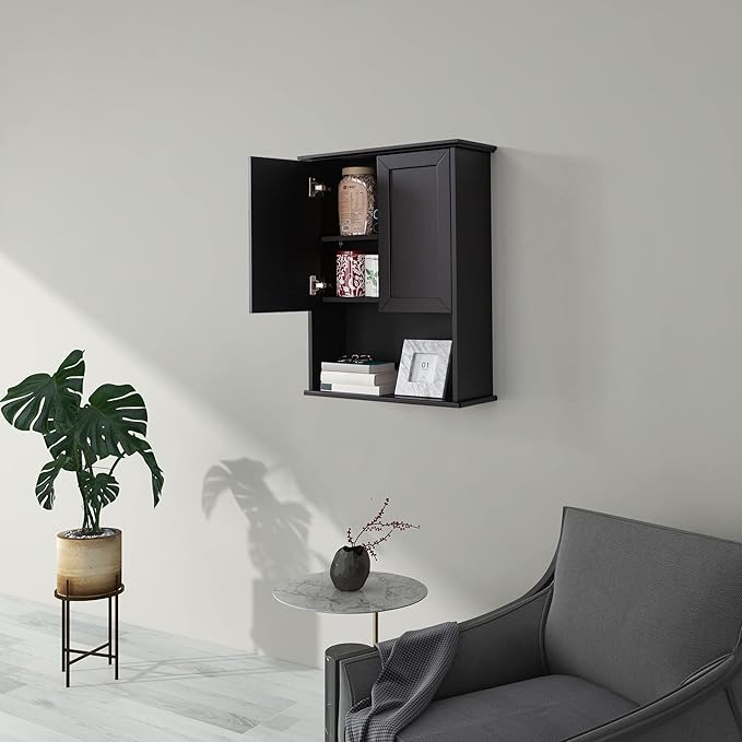 Black Bathroom Wall Cabinet 23x29 inch Wooden Bathroom Medicine Cabinet with 2 Doors and Adjustable Shelf, Wall Mounted Cabinet Over Toilet Storage Cabinet