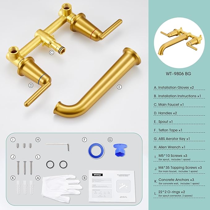 Wall Mount Tub Filler Long Spout Reach Faucet with Rough-in Valve High Flow 2-Handle Brass Roman Bath Faucet Set Brushed Gold (WT-9806BG)