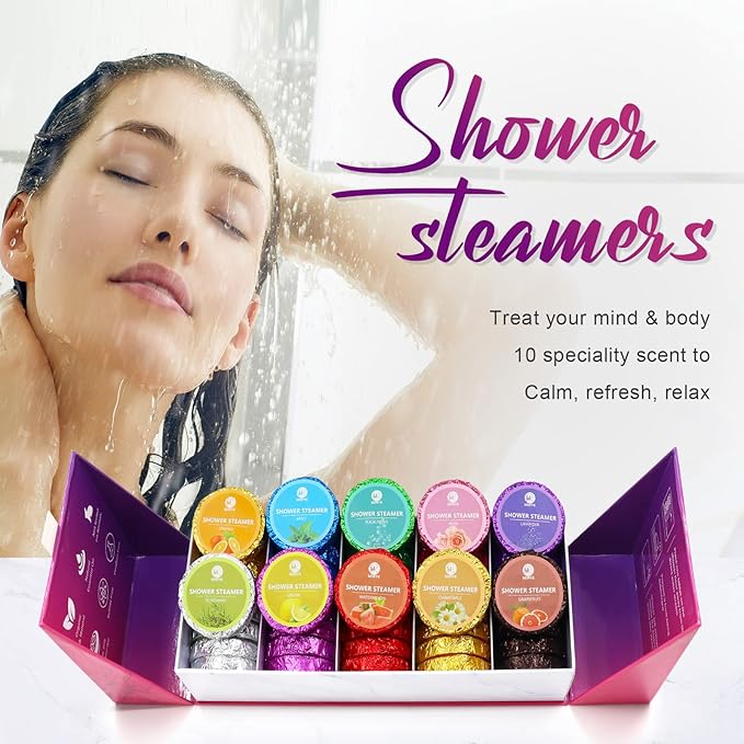 40 PCS Shower Steamers Aromatherapy for Women or Men, 10 Scent Shower Bomb Organic with Natural Essential Oil Relaxation, White Elephant Gifts Birthday Christmas Stocking Stuffers for Her Him