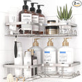 Corner Shower Caddy - 2 Pack, Adhesive Shower Organizers, Rustproof Stainless Steel Shower Shelves with 8 Hooks, No Drilling Bathroom Organizers and Storage Racks, Space-Saving, Silver, Medium