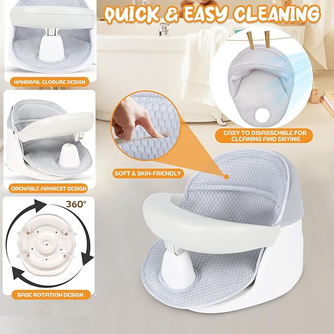 Swivel Baby Bath Seat, Openable Armrest and 360° Rotatable Baby Bath Seat for Babies 6 Months & up, Baby Bath Mat/Rinse Cup/Brush/Baby Shower Cap Included, White