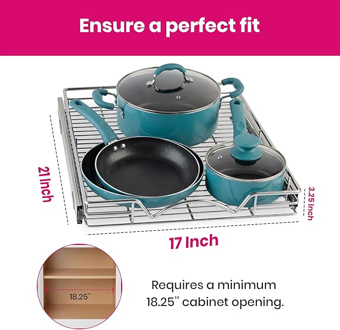 HOLDN’ STORAGE Pull Out Cabinet Organizer, Heavy Duty Caddy w/Lifetime Limited Warranty -17”W x 21”D - Requires At Least 18-1/4” Cabinet Opening, Steel Metal Cabinet Drawers Slide Out, Chrome