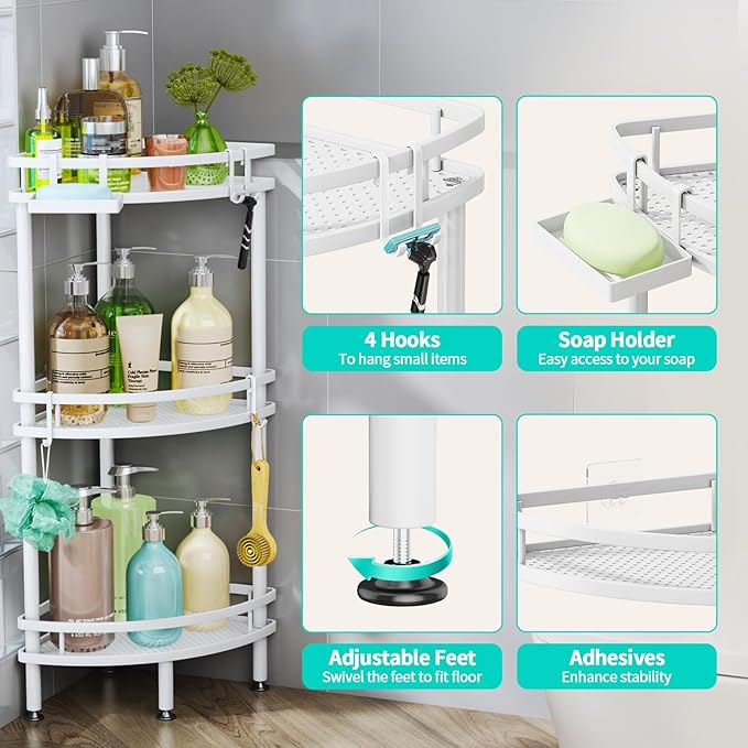 HapiRm Standing Corner Shower Caddy - 3 Tier Shower Organizer Corner with Soap Holder and 4 Hooks, Rustproof Bathroom Storage Shelves with Adhesives, White