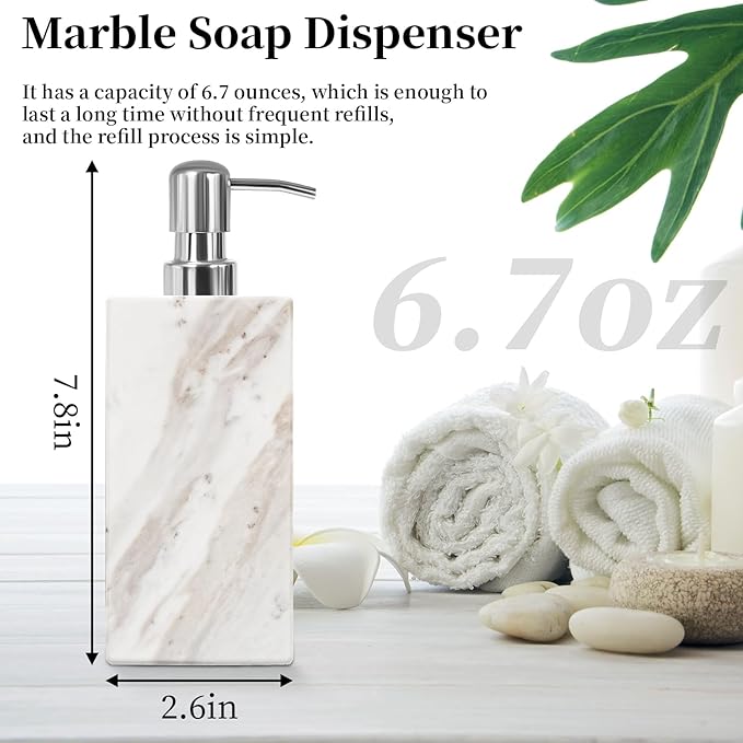 White Marble Soap Dispenser for Bathroom and Kitchen Countertop - Lotion and Liquid Soap Dispenser, 6.7 Ounces Soap Bottle with Pump