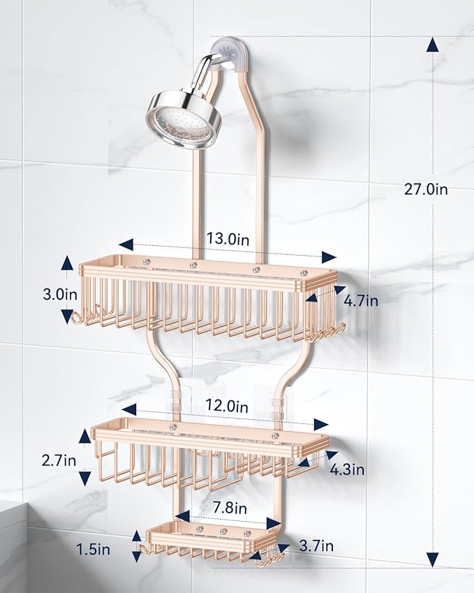 YASONIC Shower Caddy Hanging - Never Rust Shower Organizer - Aluminum over The shower head caddy with 10 Hooks for Razor/Sponge - Shower Rack with Soap Basket - Rose Gold