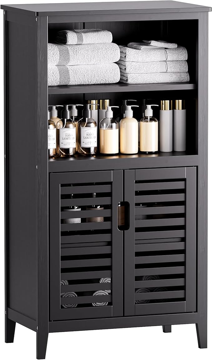 HITNET Black Bathroom Storage Cabinet, Freestanding Bamboo Floor Cabinet 5 Tier Tall Kitchen Cupboard with Door and Removable Shelves